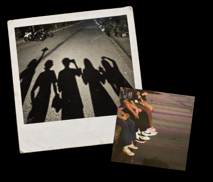 A collage of two photos of friends: a polaroid of their shadows and a photo of them sitting together